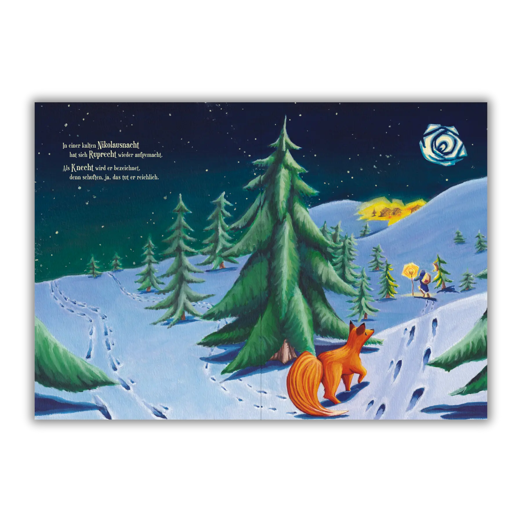 Doppelseite 1 vom Kinderbuch "Als Knecht Ruprecht erfuhr, dass Kinder keine Kohle mögen", ein Bilderbuch für Kinder ab 3 Jahren über Nikolaus, Weihnachten, Winter und Knecht Ruprecht. Ein Weihnachtsbuch mit einer Weihnachtsgeschichte in Reimform.