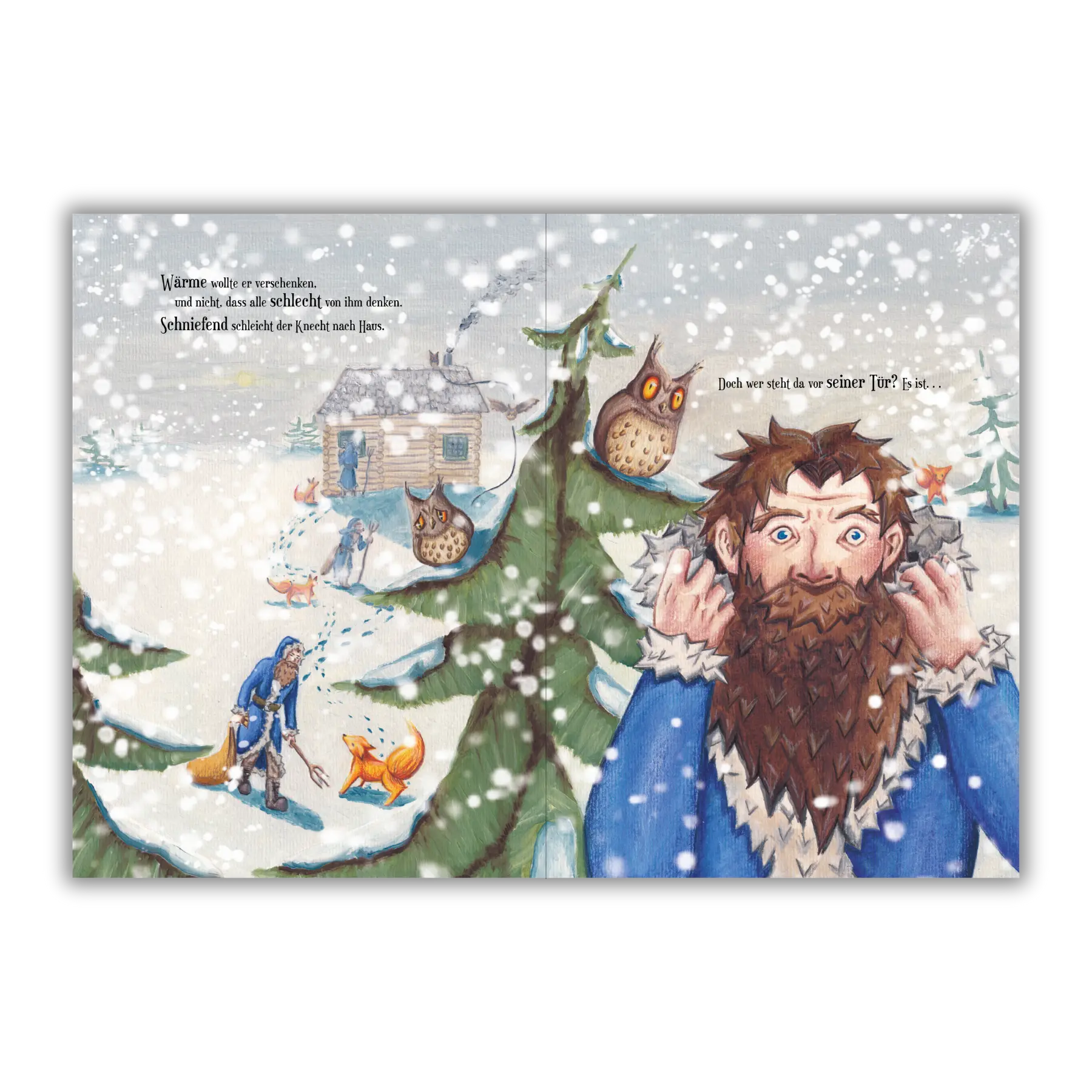 Doppelseite 10 vom Kinderbuch "Als Knecht Ruprecht erfuhr, dass Kinder keine Kohle mögen", ein Bilderbuch für Kinder ab 3 Jahren über Nikolaus, Weihnachten, Winter und Knecht Ruprecht. Ein Weihnachtsbuch mit einer Weihnachtsgeschichte in Reimform.