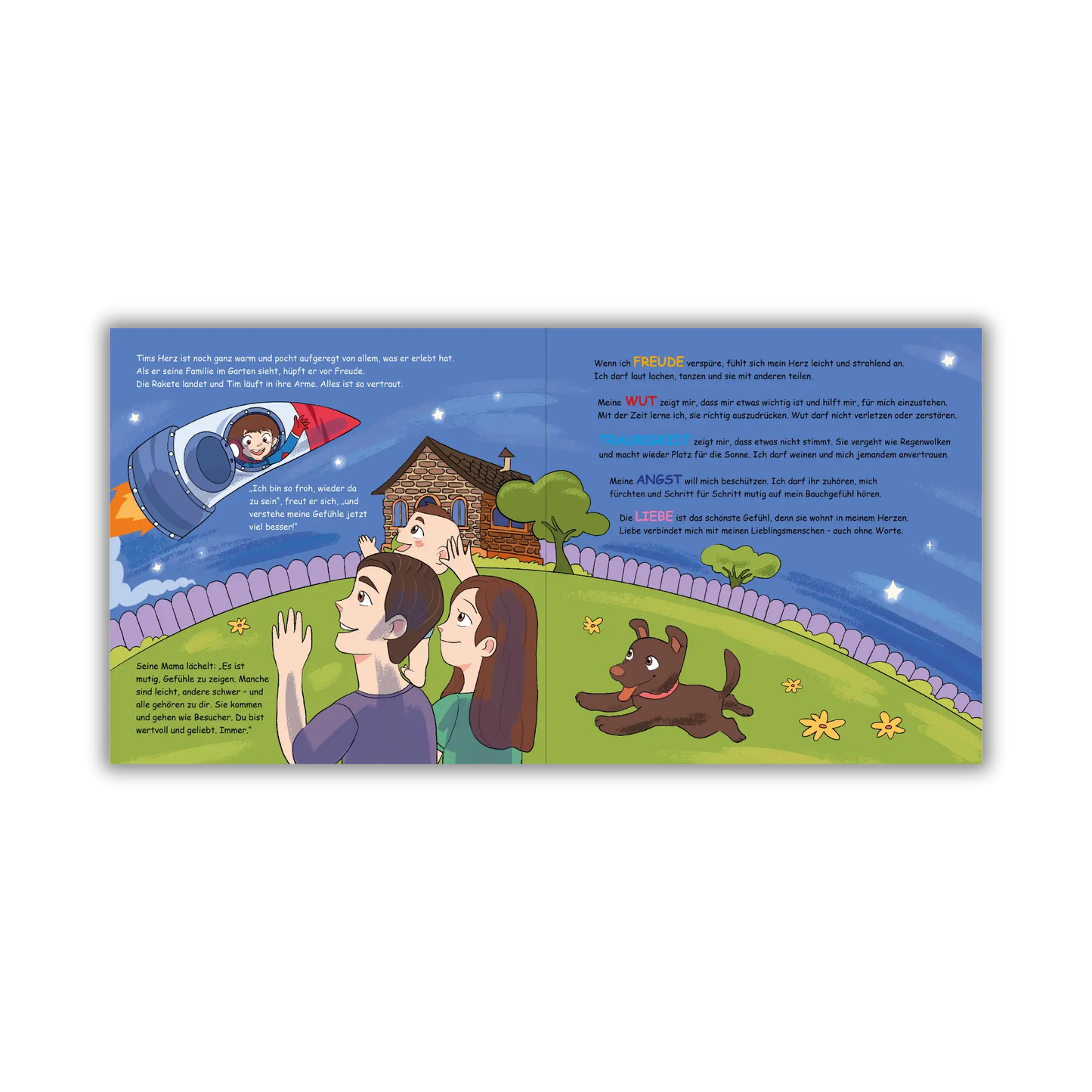 Doppelseite 14 vom Kinderbuch "Im Weltraum der Gefühle – Tim und die Gefühlsplaneten", ein Bilderbuch für Kinder ab 3 Jahren von Angelina Wenzler und Zwergenstark