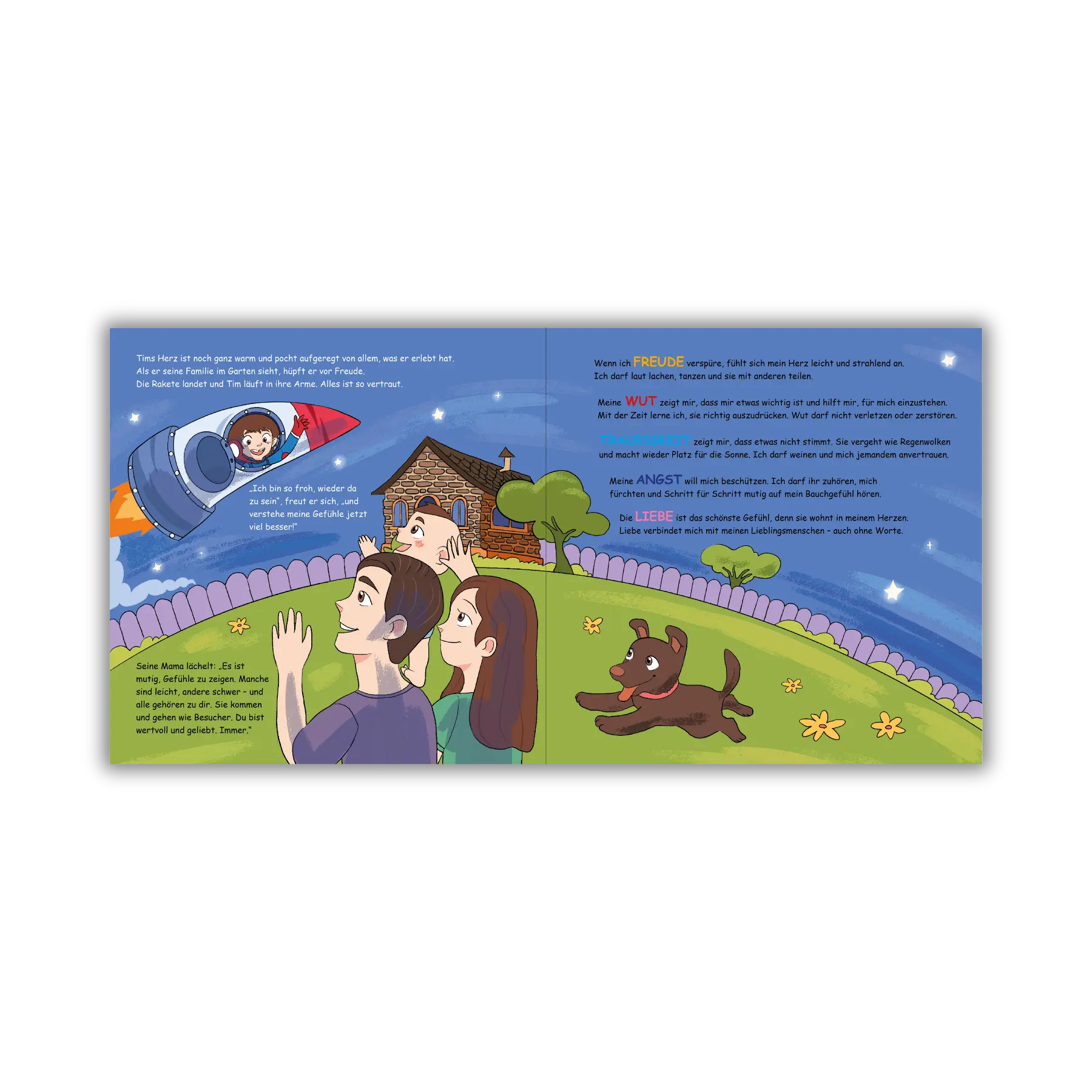 Doppelseite 14 vom Kinderbuch "Im Weltraum der Gefühle – Tim und die Gefühlsplaneten", ein Bilderbuch für Kinder ab 3 Jahren von Angelina Wenzler und Zwergenstark