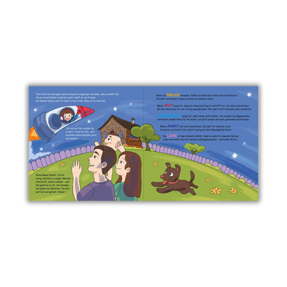 Doppelseite 14 vom Kinderbuch "Im Weltraum der Gefühle – Tim und die Gefühlsplaneten", ein Bilderbuch für Kinder ab 3 Jahren von Angelina Wenzler und Zwergenstark