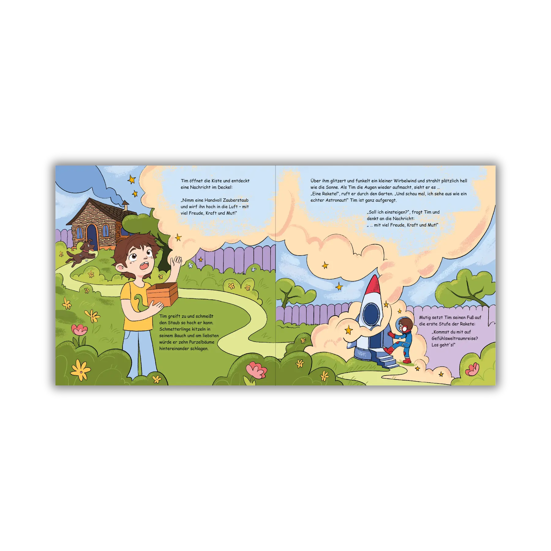 Doppelseite 2 vom Kinderbuch "Im Weltraum der Gefühle – Tim und die Gefühlsplaneten", ein Bilderbuch für Kinder ab 3 Jahren von Angelina Wenzler und Zwergenstark