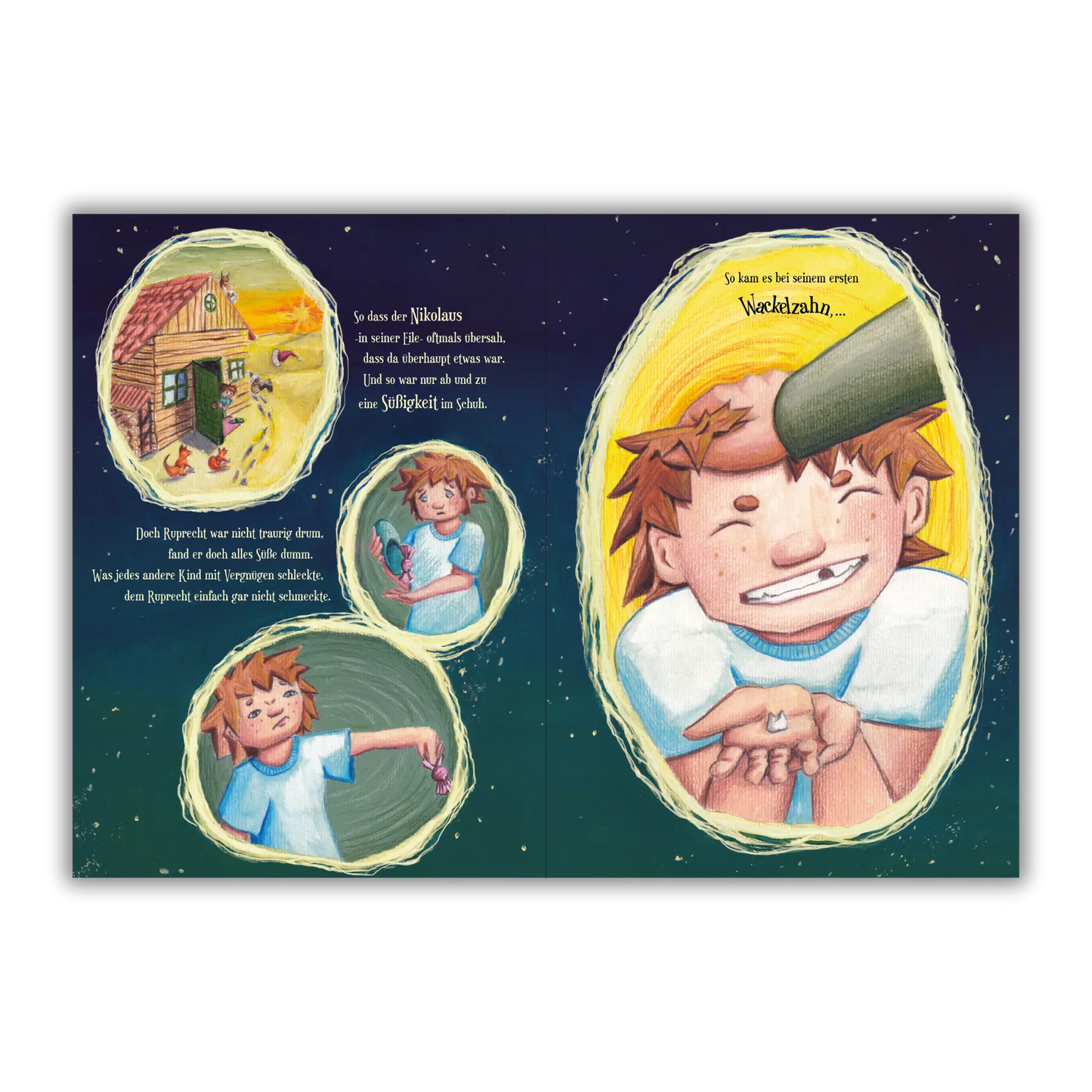 Doppelseite 4 vom Kinderbuch "Als Knecht Ruprecht erfuhr, dass Kinder keine Kohle mögen", ein Bilderbuch für Kinder ab 3 Jahren über Nikolaus, Weihnachten, Winter und Knecht Ruprecht. Ein Weihnachtsbuch mit einer Weihnachtsgeschichte in Reimform.