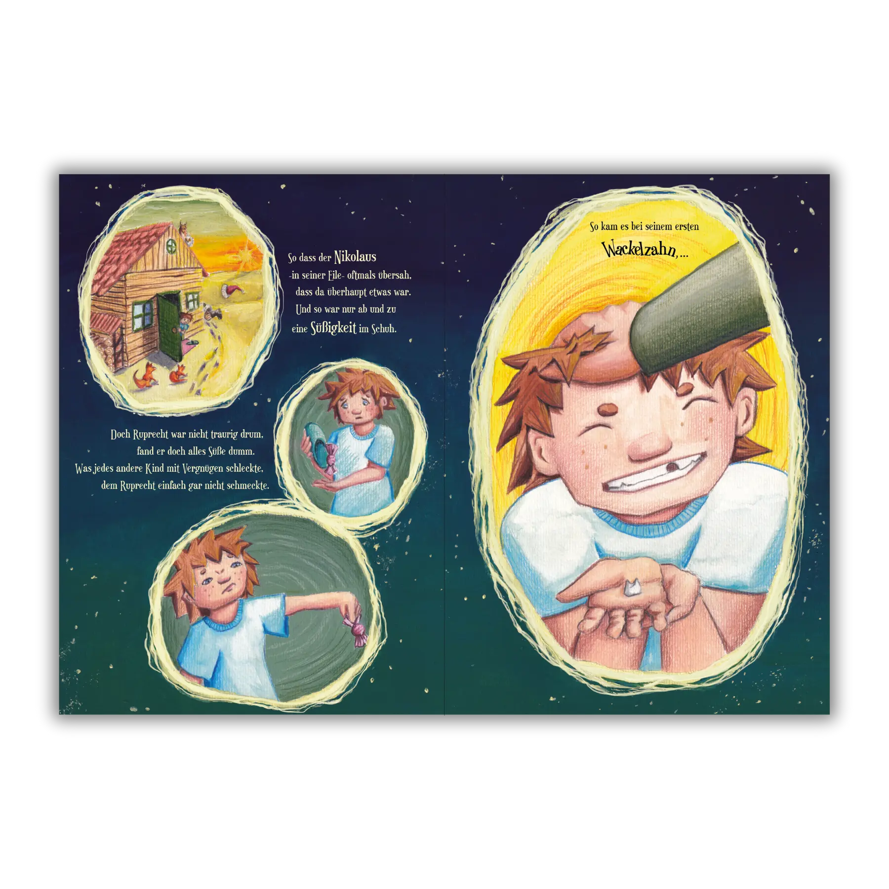 Doppelseite 4 vom Kinderbuch "Als Knecht Ruprecht erfuhr, dass Kinder keine Kohle mögen", ein Bilderbuch für Kinder ab 3 Jahren über Nikolaus, Weihnachten, Winter und Knecht Ruprecht. Ein Weihnachtsbuch mit einer Weihnachtsgeschichte in Reimform.