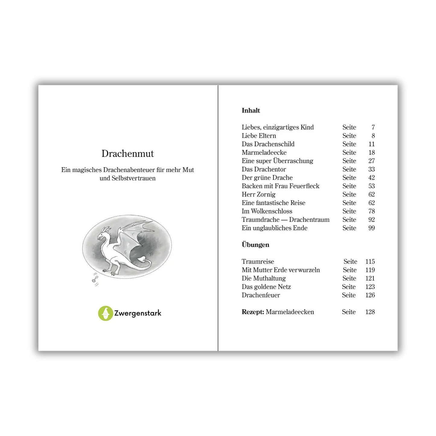 Inhaltsverzeichnis vom Kinderbuch "Drachenmut", ein Vorlesebuch ab 6 Jahren über Drachen, Freundschaft und mentale Gesundheit von Ines Gölß