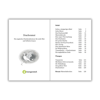 Inhaltsverzeichnis vom Kinderbuch "Drachenmut", ein Vorlesebuch ab 6 Jahren über Drachen, Freundschaft und mentale Gesundheit von Ines Gölß