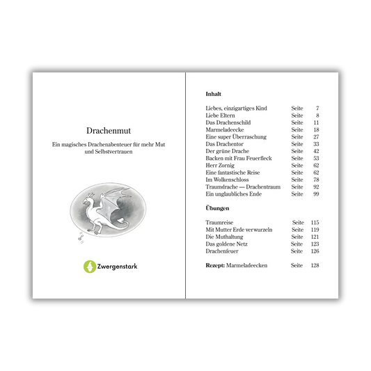 Inhaltsverzeichnis vom Kinderbuch "Drachenmut", ein Vorlesebuch ab 7 Jahren über Drachen, Freundschaft und mentale Gesundheit von Ines Gölß