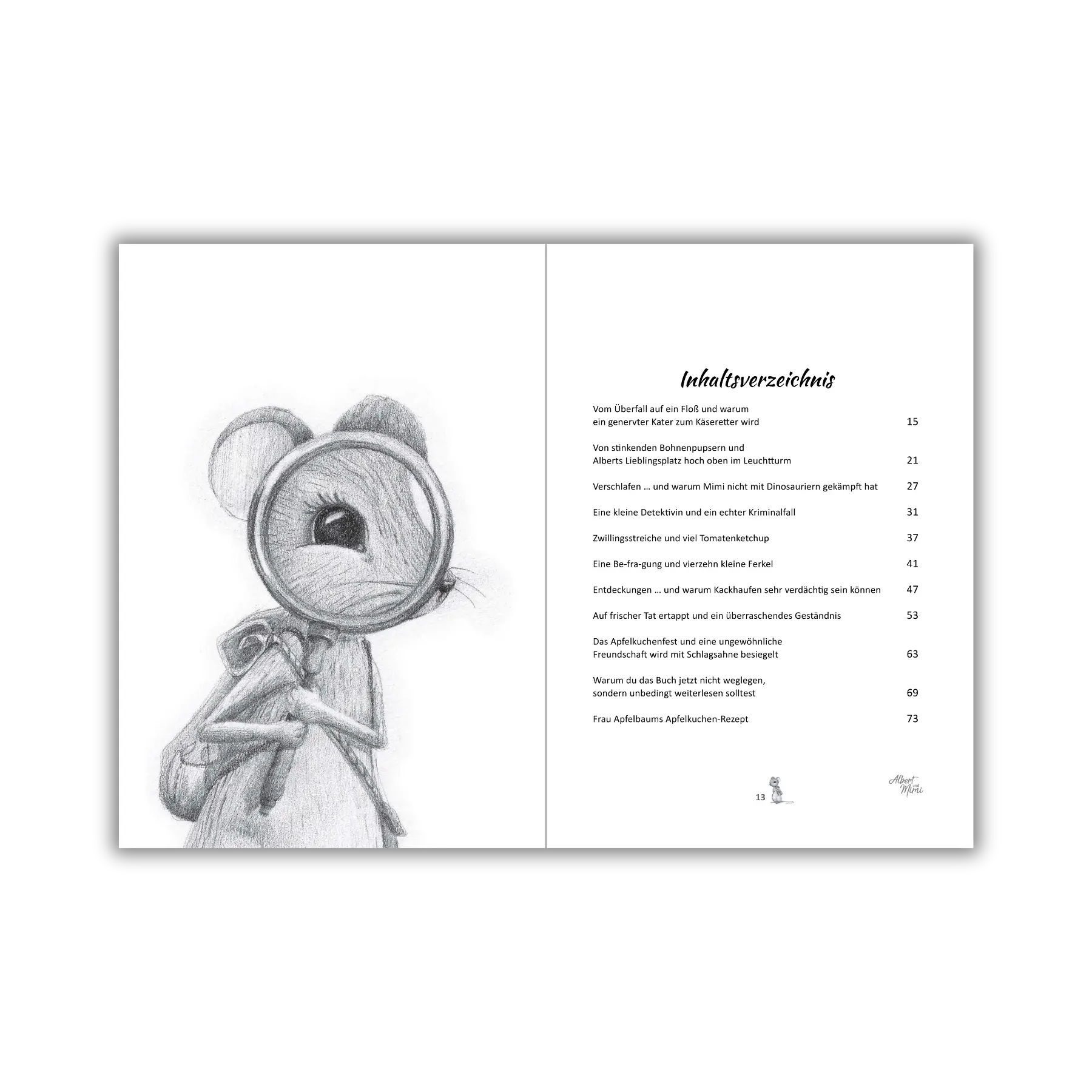 Inhaltsverzeichnis vom Kinderbuch "Albert und Mimi – Eine besondere Freundschaft und ein echter Kriminalfall", ein Bilderbuch zum Vorlesen ab 5 Jahren über ein tierisches Detektivabenteuer voller Freundschaft, Vielfalt und Zusammenhalt
