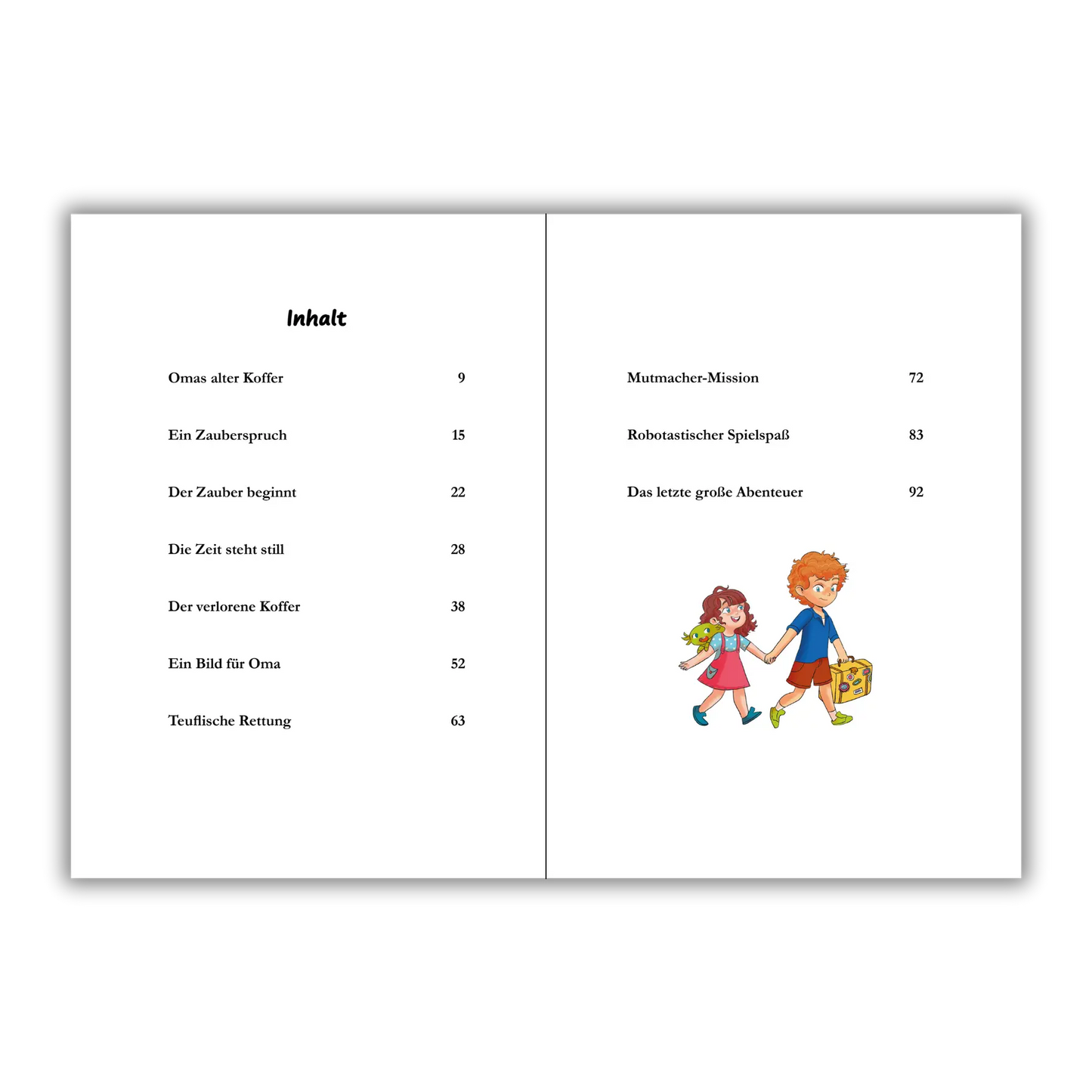 Inhaltsverzeichnis vom Kinderbuch "Der magische Reisekoffer", ein Vorlesebuch ab 6 Jahren von Mella Lisitano über Reisen, Entdeckungen, Zusammenhalt und Mut
