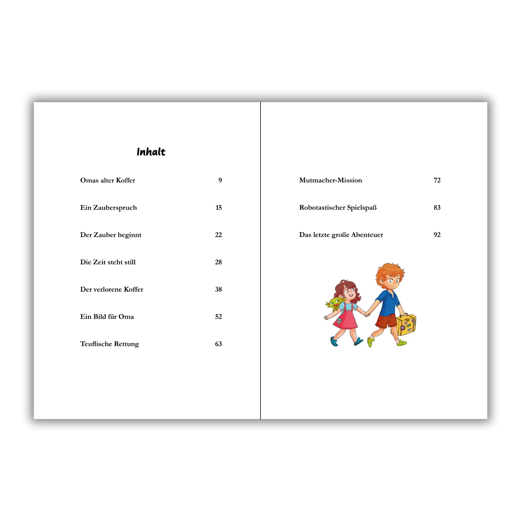 Inhaltsverzeichnis vom Kinderbuch "Der magische Reisekoffer", ein Vorlesebuch ab 6 Jahren von Mella Lisitano über Reisen, Entdeckungen, Zusammenhalt und Mut