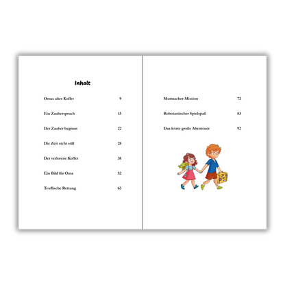 Inhaltsverzeichnis vom Kinderbuch "Der magische Reisekoffer", ein Vorlesebuch ab 6 Jahren von Mella Lisitano über Reisen, Entdeckungen, Zusammenhalt und Mut