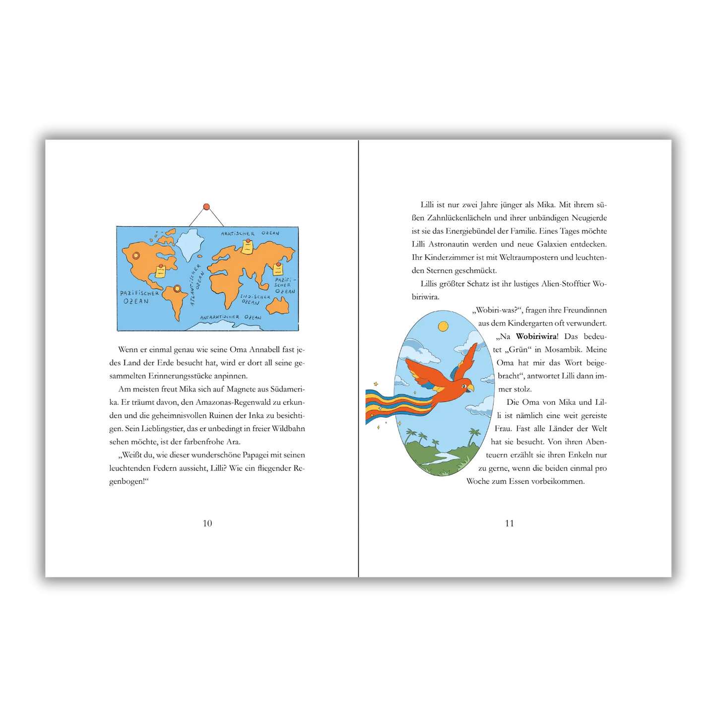 Seiten 10 und 11 vom Kinderbuch "Der magische Reisekoffer", ein Vorlesebuch ab 6 Jahren von Mella Lisitano über Reisen, Entdeckungen, Zusammenhalt und Mut