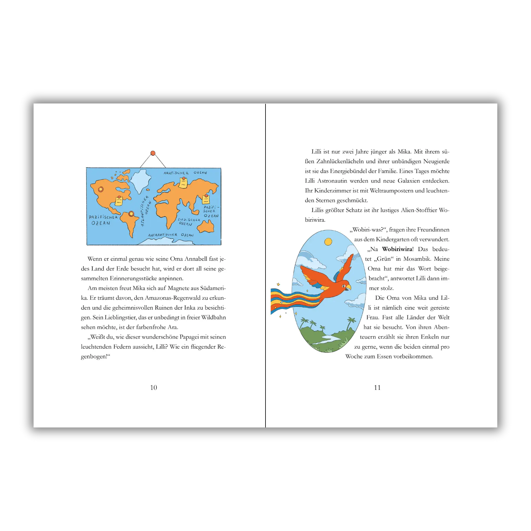 Seiten 10 und 11 vom Kinderbuch "Der magische Reisekoffer", ein Vorlesebuch ab 6 Jahren von Mella Lisitano über Reisen, Entdeckungen, Zusammenhalt und Mut