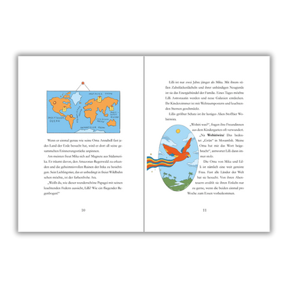 Seiten 10 und 11 vom Kinderbuch "Der magische Reisekoffer", ein Vorlesebuch ab 6 Jahren von Mella Lisitano über Reisen, Entdeckungen, Zusammenhalt und Mut
