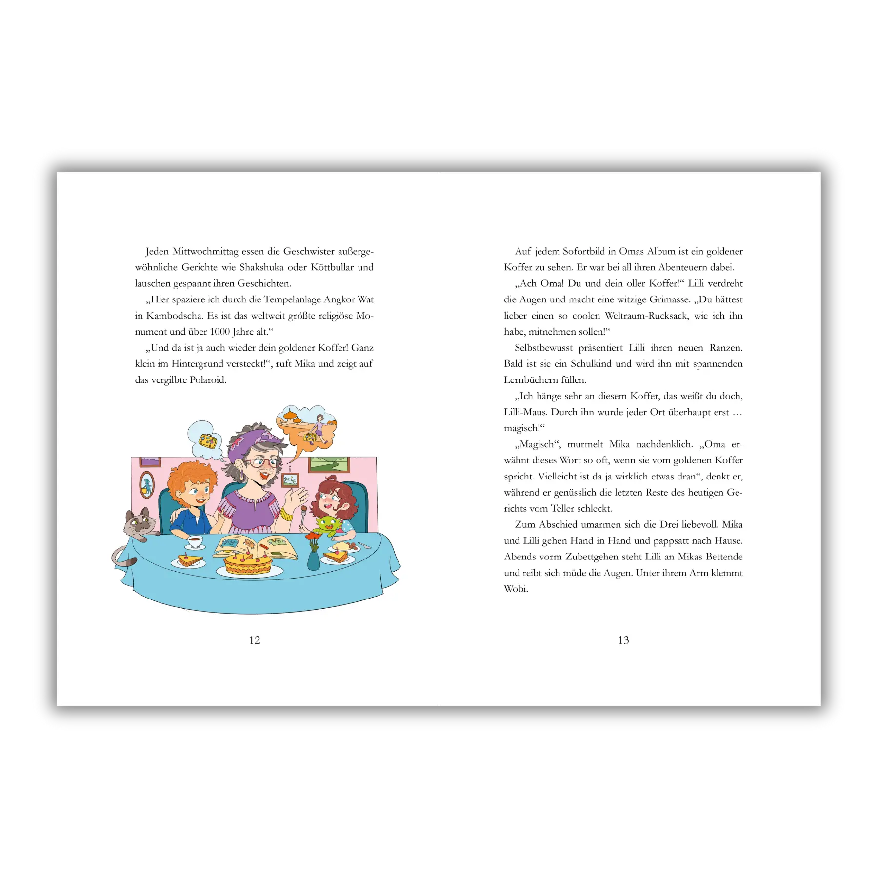 Seiten 12 und 13 vom Kinderbuch "Der magische Reisekoffer", ein Vorlesebuch ab 6 Jahren von Mella Lisitano über Reisen, Entdeckungen, Zusammenhalt und Mut