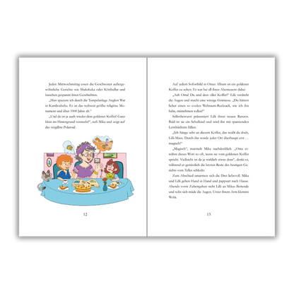 Seiten 12 und 13 vom Kinderbuch "Der magische Reisekoffer", ein Vorlesebuch ab 6 Jahren von Mella Lisitano über Reisen, Entdeckungen, Zusammenhalt und Mut