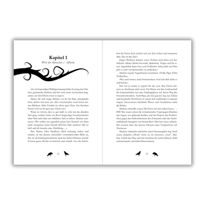 Inhaltsseiten 12 und 13 aus dem Kinderbuch "Marlene – Die Auserwählte des Zauberbuchs", ein Kinderroman ab 11 Jahren über ein Fantasy-Abenteuer mit Elfen und magischen Wesen von Anne-Katrin Paulke und Zwergenstark