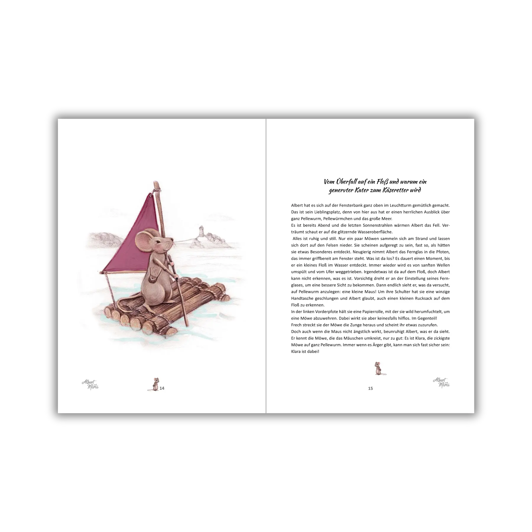 Inhaltsseiten 14 und 15 vom Kinderbuch "Albert und Mimi – Eine besondere Freundschaft und ein echter Kriminalfall", ein Bilderbuch zum Vorlesen ab 5 Jahren über ein tierisches Detektivabenteuer voller Freundschaft, Vielfalt und Zusammenhalt
