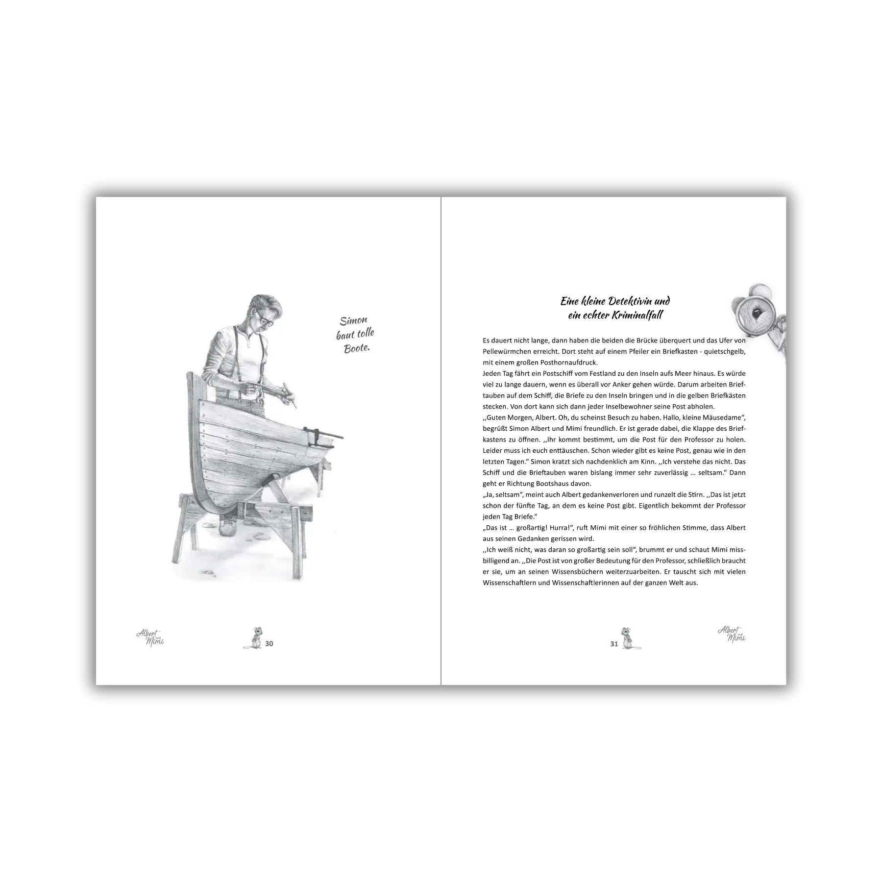 Inhaltsseiten 30 und 31 vom Kinderbuch "Albert und Mimi – Eine besondere Freundschaft und ein echter Kriminalfall", ein Bilderbuch zum Vorlesen ab 5 Jahren über ein tierisches Detektivabenteuer voller Freundschaft, Vielfalt und Zusammenhalt