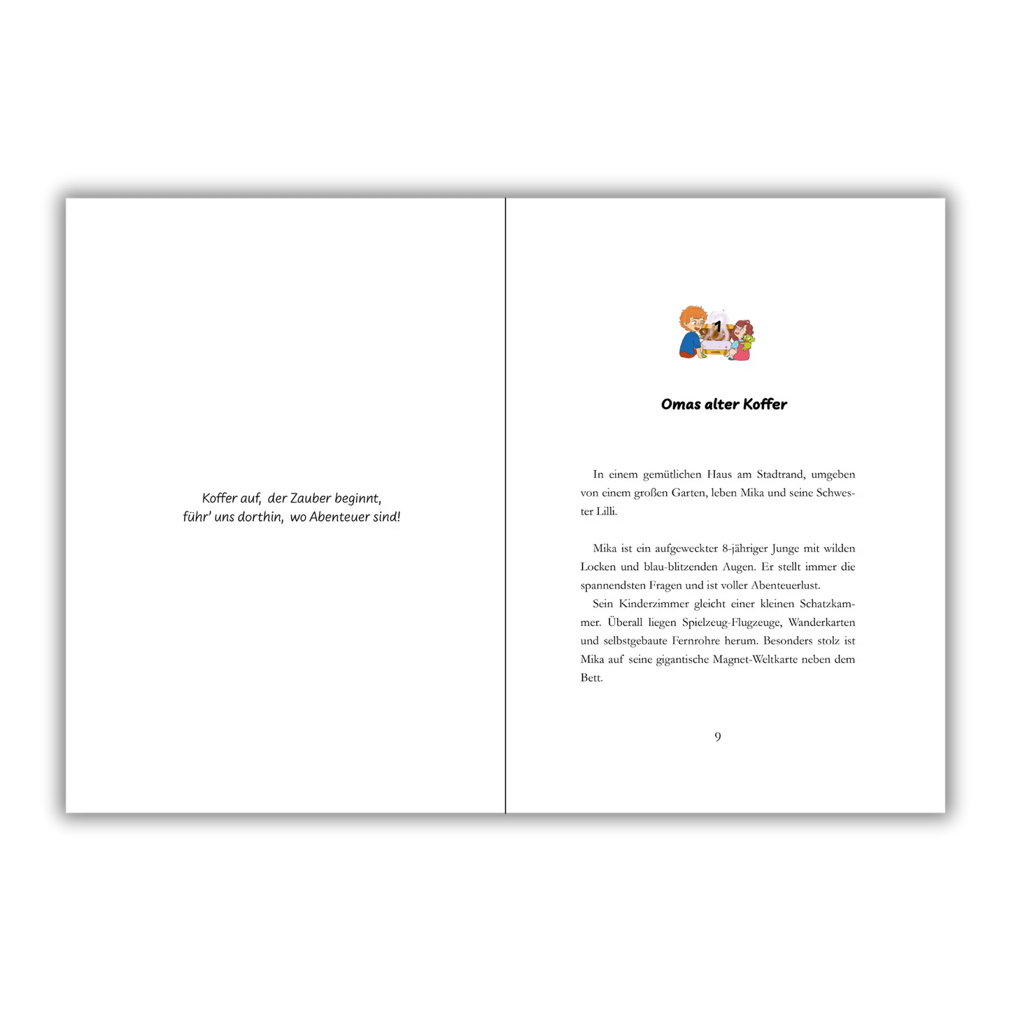 Seiten 8 und 9 vom Kinderbuch "Der magische Reisekoffer", ein Vorlesebuch ab 6 Jahren von Mella Lisitano über Reisen, Entdeckungen, Zusammenhalt und Mut