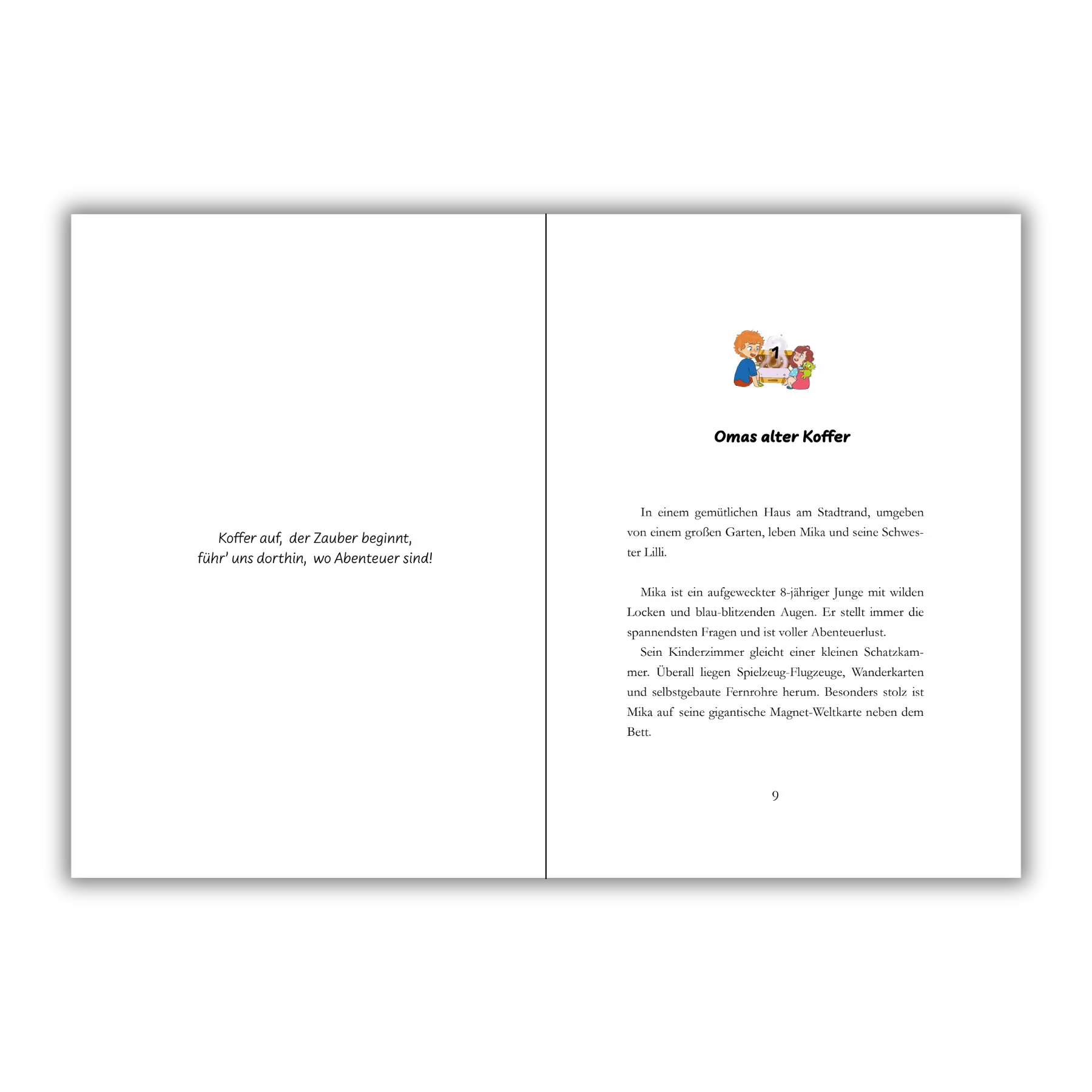 Seiten 8 und 9 vom Kinderbuch "Der magische Reisekoffer", ein Vorlesebuch ab 6 Jahren von Mella Lisitano über Reisen, Entdeckungen, Zusammenhalt und Mut