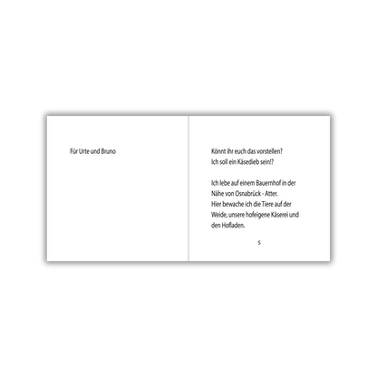 Widmung und Seite 5 vom Kinderbuch "Bruno und der Käsedieb", ein Bilderbuch ab 4 Jahren über Abenteuer, Freundschaft und Ehrlichkeit von Ingo Ebert und Zwergenstark