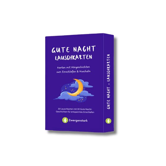 Produktbild von der Kartenschachtel der "Gute Nacht Lauschkarten", 30 Karten mit Hörgeschichten zum Einschlafen und Kuscheln