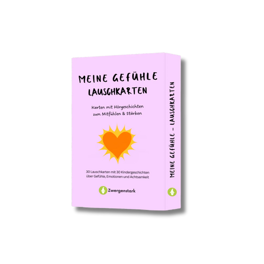 Produktbild von der Kartenschachtel der "Meine Gefühle Lauschkarten", 30 Karten mit Hörgeschichten zum Mitfühlen und Stärken