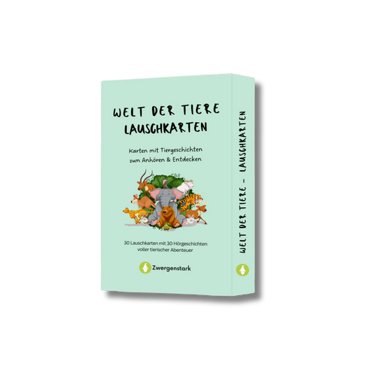 Produktbild von der Kartenschachtel der "Welt der Tiere Lauschkarten", 30 Karten mit Tiergeschichten zum Anhören und Entdecken