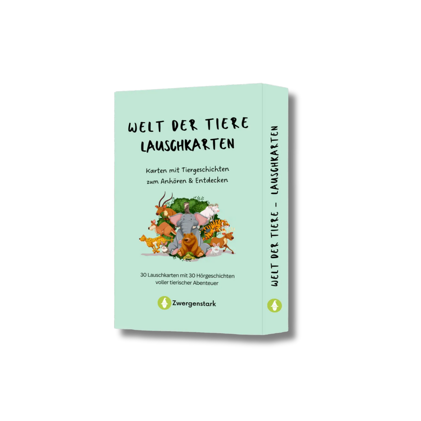 Produktbild von der Kartenschachtel der "Welt der Tiere Lauschkarten", 30 Karten mit Tiergeschichten zum Anhören und Entdecken