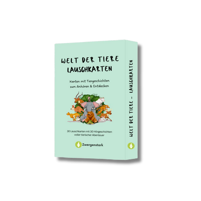 Produktbild von der Kartenschachtel der "Welt der Tiere Lauschkarten", 30 Karten mit Tiergeschichten zum Anhören und Entdecken