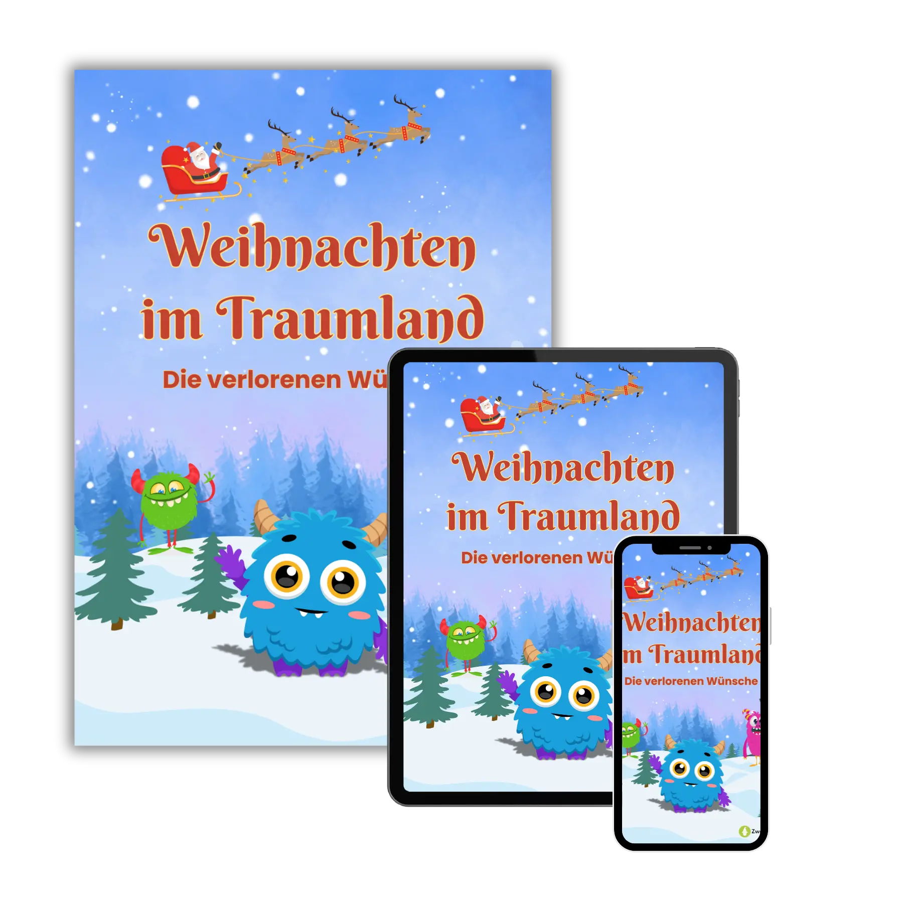 Mockups vom Kinderbuch "Weihnachten im Traumland – Die verlorenen Wünsche", ein E-Book für Kinder ab 5 Jahren zum Vorlesen mit einer Gute-Nacht-Geschichte  für Weihnachten zum Entspannen, Träumen und Einschlafen