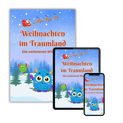 Mockups vom Kinderbuch "Weihnachten im Traumland – Die verlorenen Wünsche", ein E-Book für Kinder ab 5 Jahren zum Vorlesen mit einer Gute-Nacht-Geschichte  für Weihnachten zum Entspannen, Träumen und Einschlafen