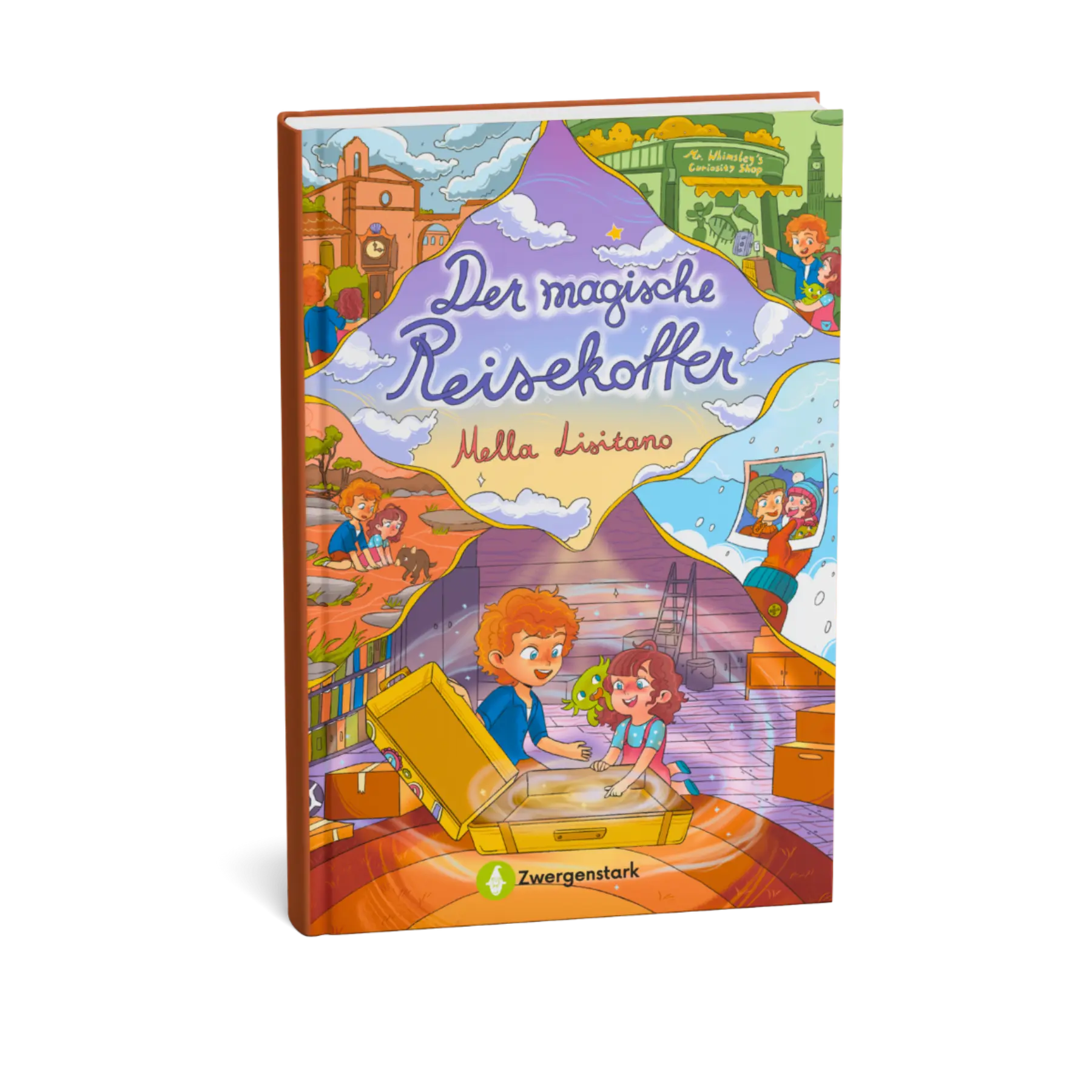 Mockup vom Kinderbuch "Der magische Reisekoffer", ein Vorlesebuch ab 6 Jahren von Mella Lisitano über Reisen, Entdeckungen, Zusammenhalt und Mut