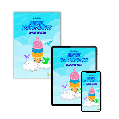 Mockups vom Kinderbuch "Airline Drachendüser – Notruf im Nebel", ein E-Book für Kinder ab 5 Jahren zum Vorlesen mit einer Gute-Nacht-Geschichte über Drachen, Piloten und Abenteuer