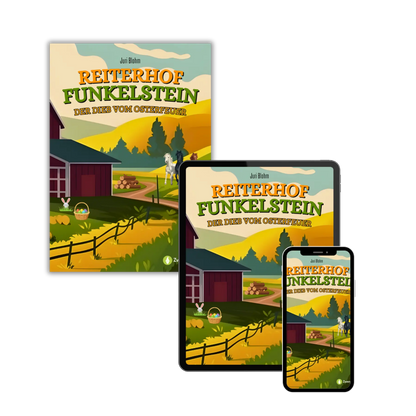 Mockups vom Kinderbuch "Reiterhof Funkelstein – Der Dieb vom Osterfeuer", ein E-Book für Kinder ab 5 Jahren zum Vorlesen über Ostern, Osterferien und Pferde, ideal als Gute-Nacht-Geschichte